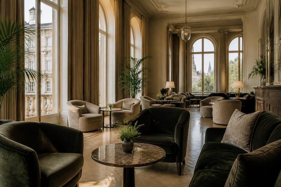 Szállodai lounge ülőhelyekkel és nagy ablakokkal